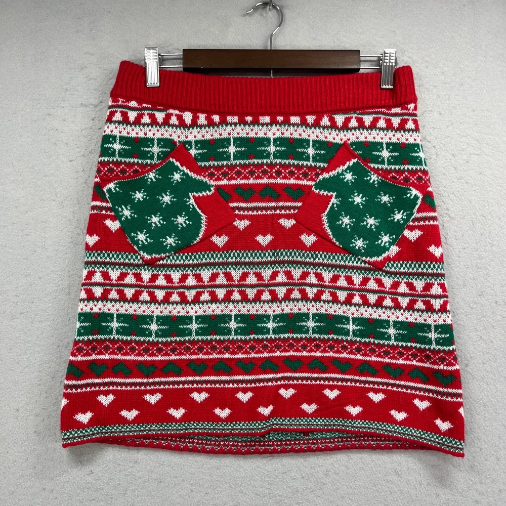 Love On A Hanger Sweater Skirt Womens L Red Fair Isle Mittens Holiday Christmas